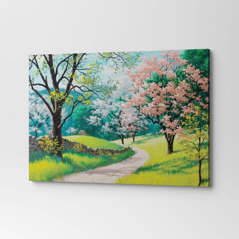 Spring Blossoms Green and Brown Trees Painting Canvas Wall Art - Image 3