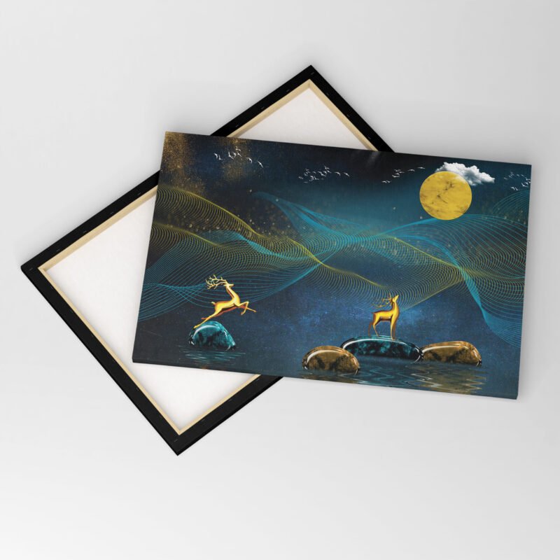 3D Modern Dark Blue background and Wavy lines Golden Deer and Clouds Canvas Wall Art - Image 4