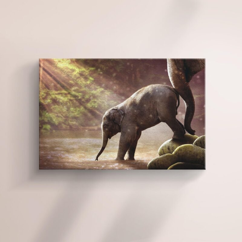 Baby Elephant Drinking Water Canvas Wall Art - Image 2