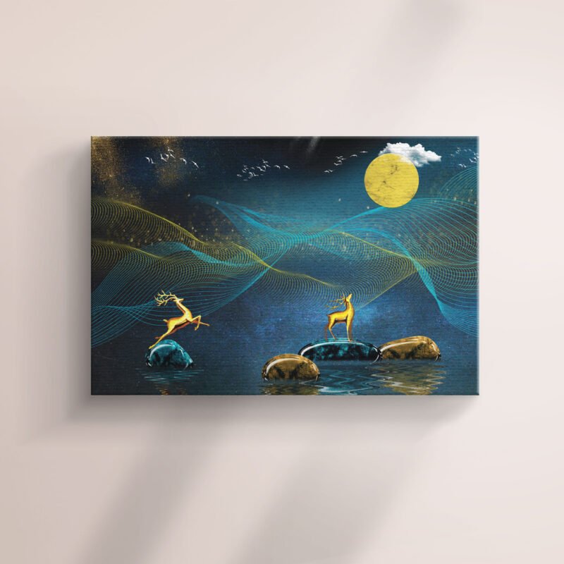 3D Modern Dark Blue background and Wavy lines Golden Deer and Clouds Canvas Wall Art - Image 2