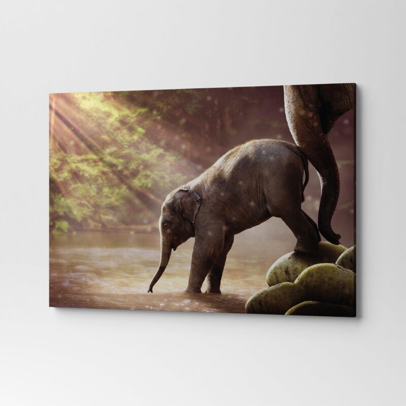 Baby Elephant Drinking Water Canvas Wall Art - Image 3