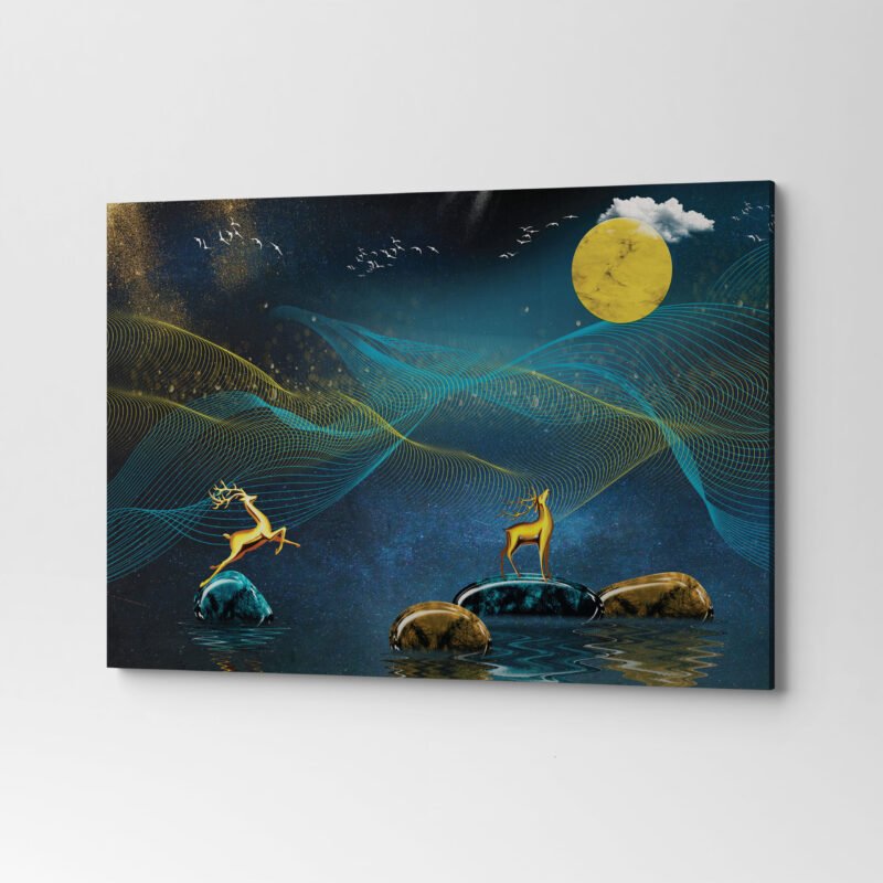 3D Modern Dark Blue background and Wavy lines Golden Deer and Clouds Canvas Wall Art - Image 3