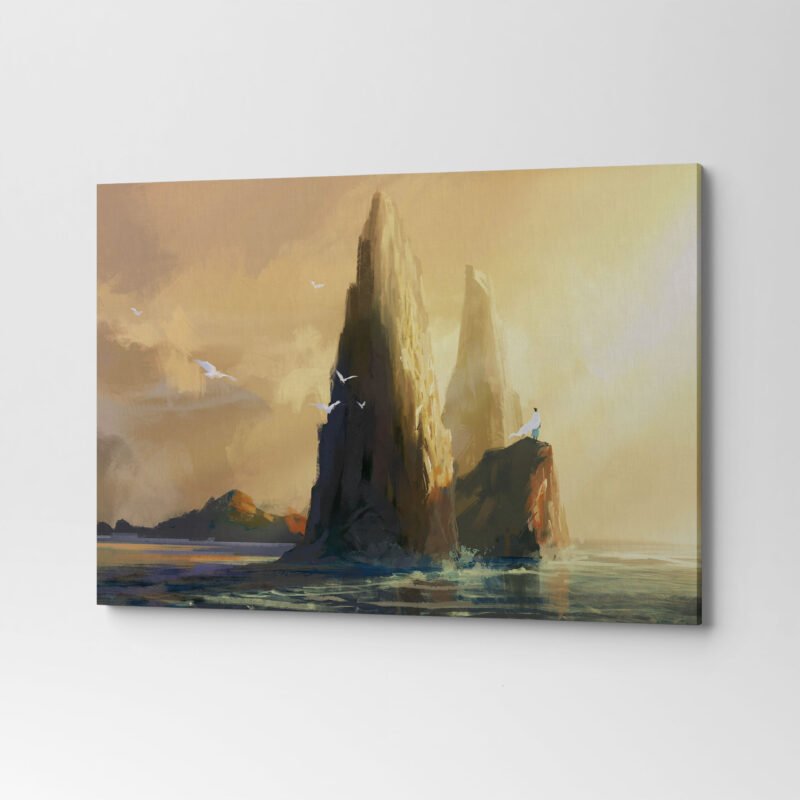People in white clothes stand on the rock by the sea at dusk Canvas Wall Art - Image 3
