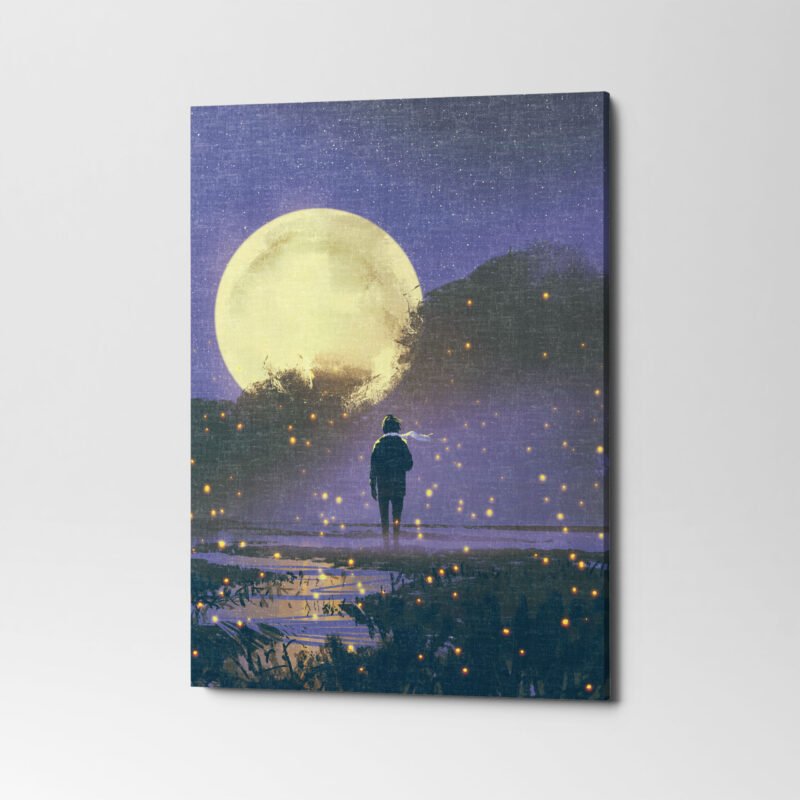 Night scenery of man standing in swamp with fireflies and full moon Canvas Wall Art - Image 3