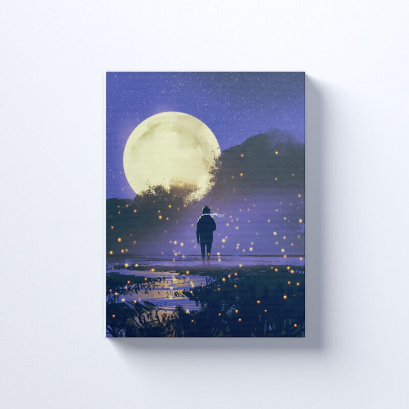 Night scenery of man standing in swamp with fireflies and full moon Canvas Wall Art - Image 2