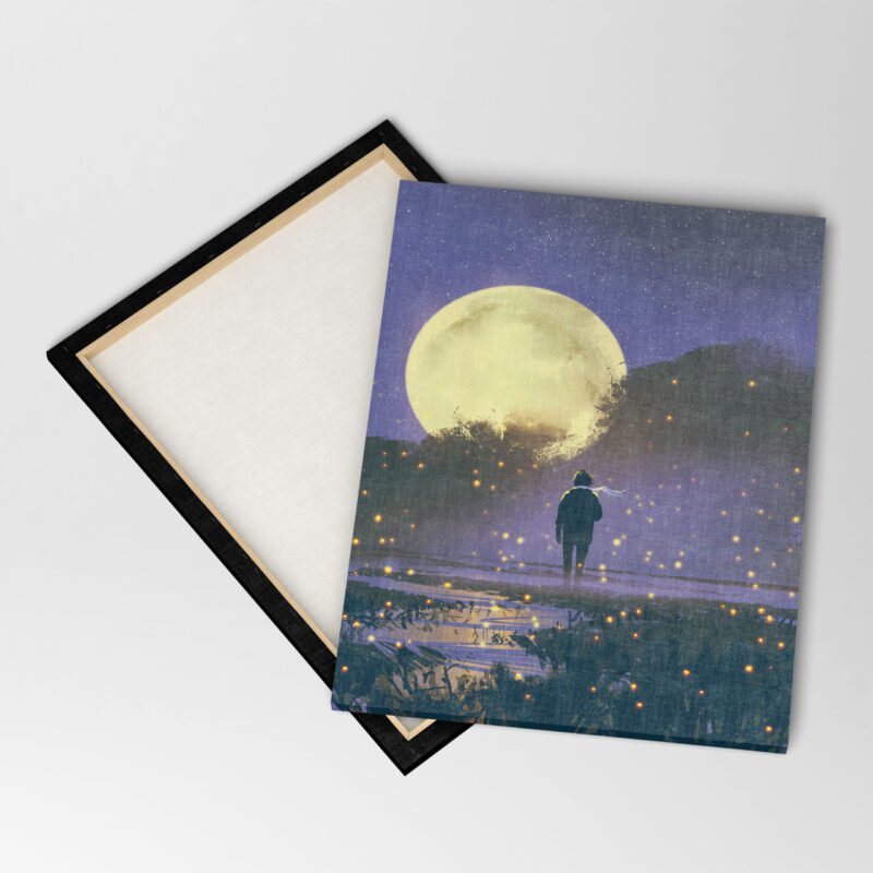 Night scenery of man standing in swamp with fireflies and full moon Canvas Wall Art - Image 4