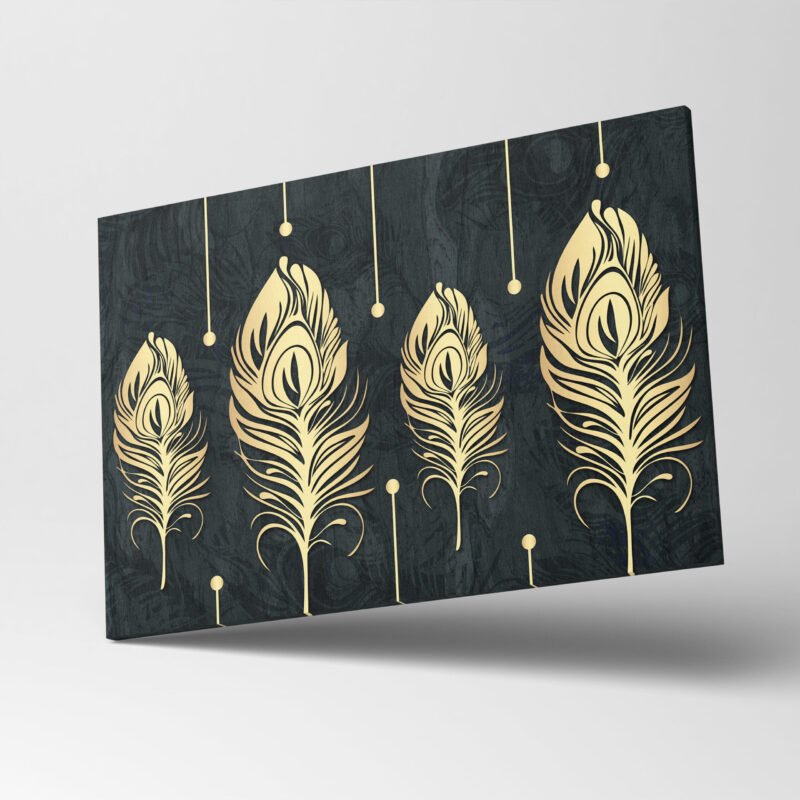 Golden Feathers in Decorative Black background Canvas Wall Art