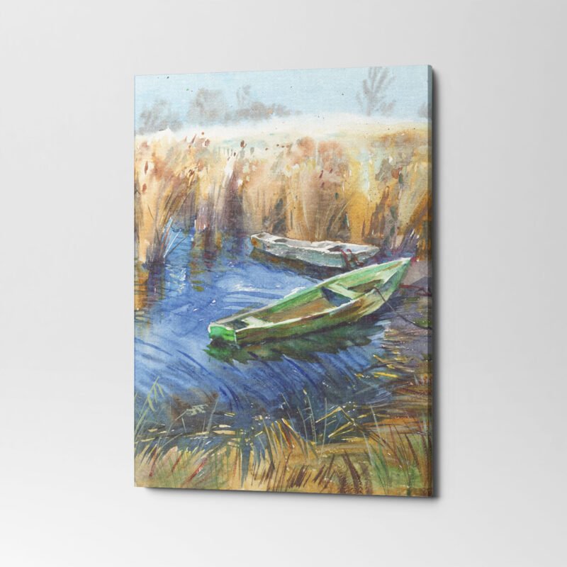 Watercolor Painting with River and Boat Canvas Wall Art - Image 3