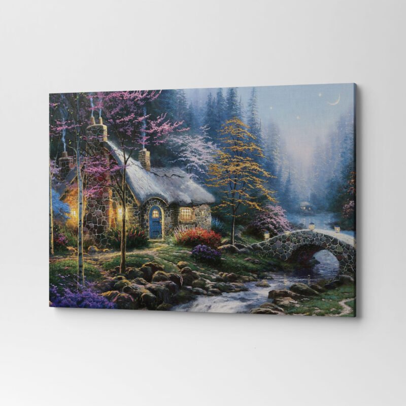 Gray House near River Painting Canvas Wall Art - Image 3