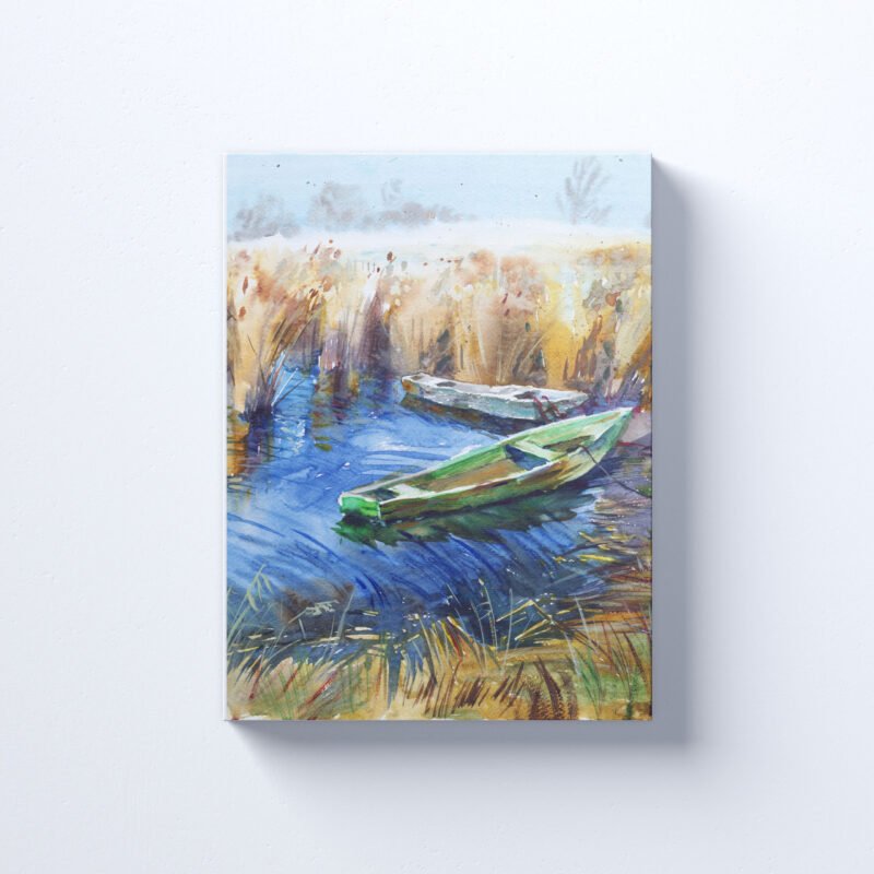 Watercolor Painting with River and Boat Canvas Wall Art - Image 2