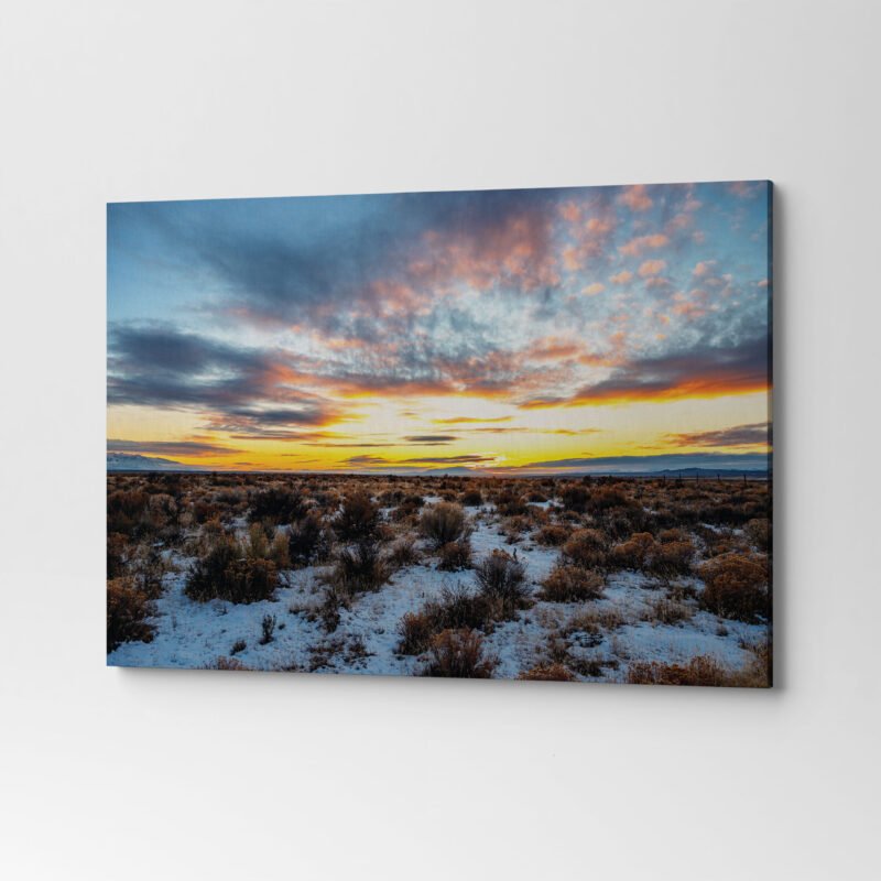 Beautiful Scenic shot of a Sunrise over a Shrubland Covered with Snow Canvas Wall Art - Image 3