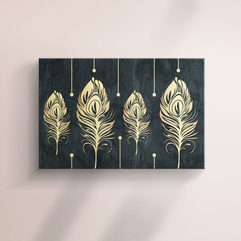 Golden Feathers in Decorative Black background Canvas Wall Art - Image 2