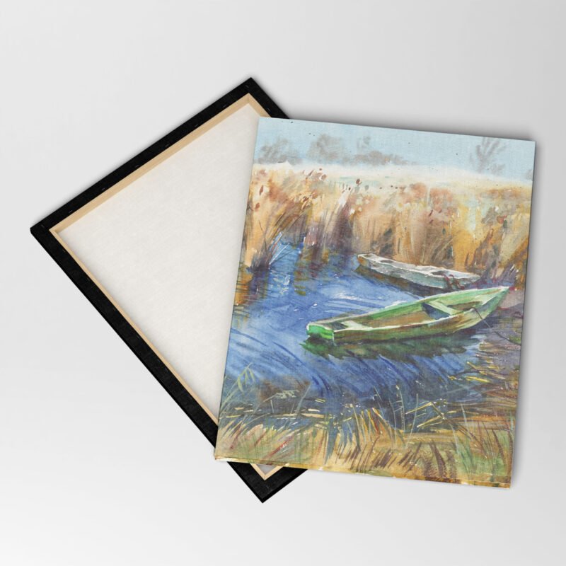Watercolor Painting with River and Boat Canvas Wall Art - Image 4