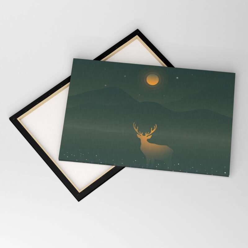 Deer and Green Mountains under the Yellow Full Moon Canvas Wall Art - Image 4