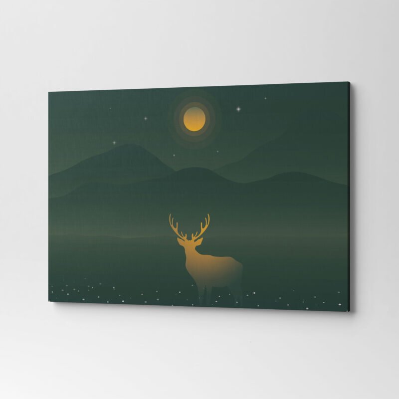 Deer and Green Mountains under the Yellow Full Moon Canvas Wall Art - Image 3