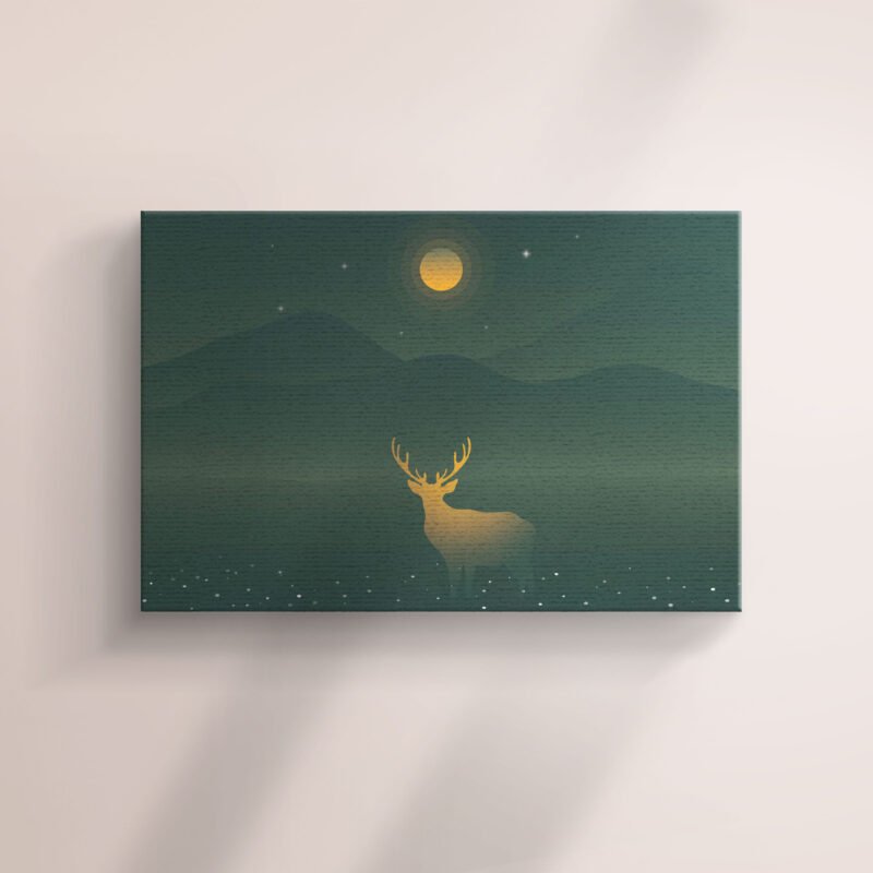 Deer and Green Mountains under the Yellow Full Moon Canvas Wall Art - Image 2