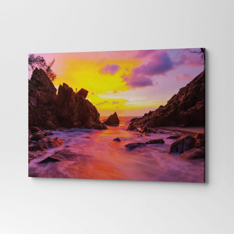 Dramatic Sky Seascape with Rock in Sunset Scenery Canvas Wall Art - Image 3