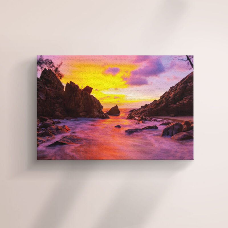 Dramatic Sky Seascape with Rock in Sunset Scenery Canvas Wall Art - Image 2