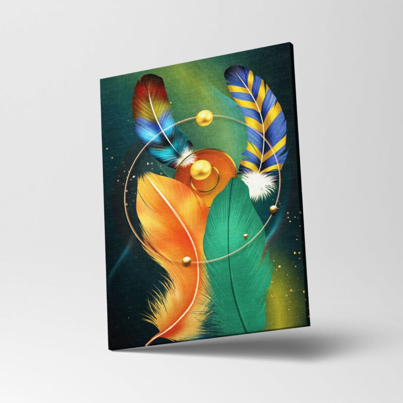 3D Colored Feathers and Pearl in Wavy Dark Canvas Wall Art