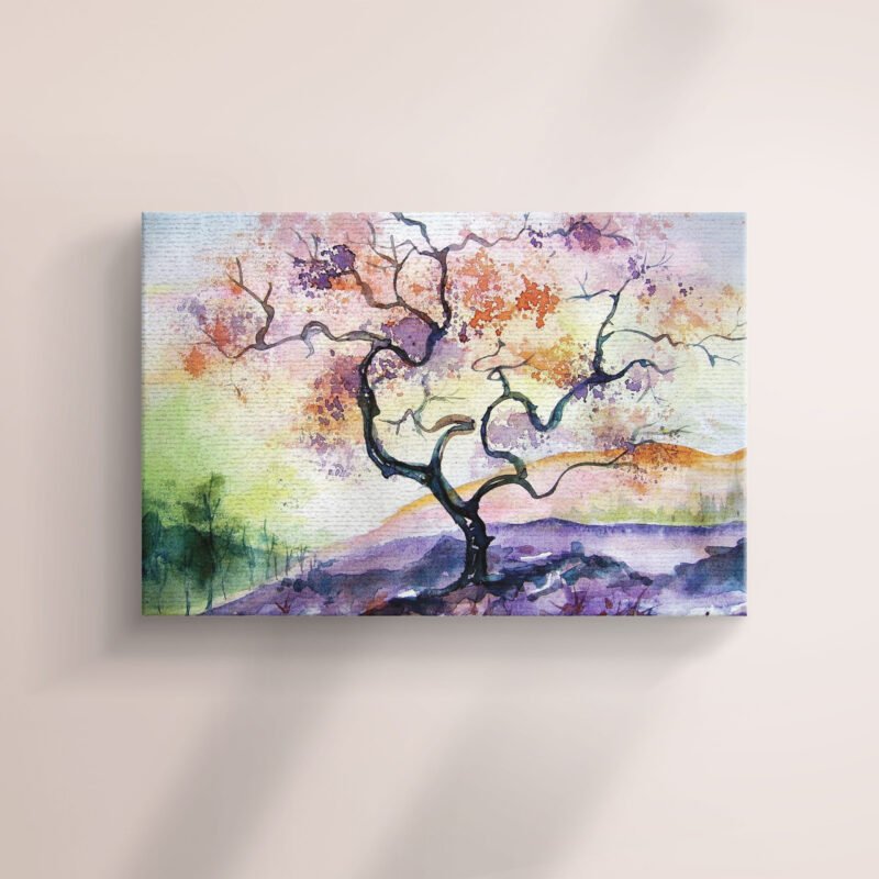 Watercolor Tree Painting Orange and Pink Tree Canvas Wall Art - Image 2