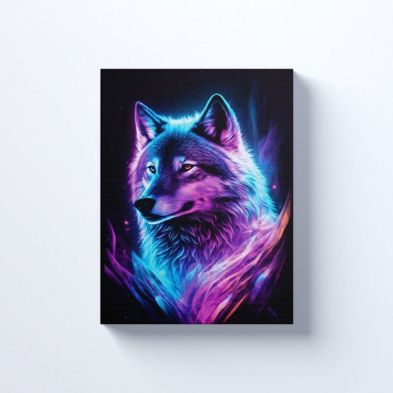 Purple Wolf with Blue eyes on a Black background Canvas Wall Art - Image 2