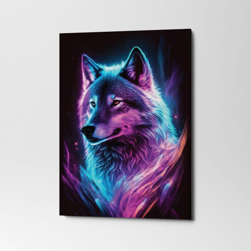 Purple Wolf with Blue eyes on a Black background Canvas Wall Art - Image 3