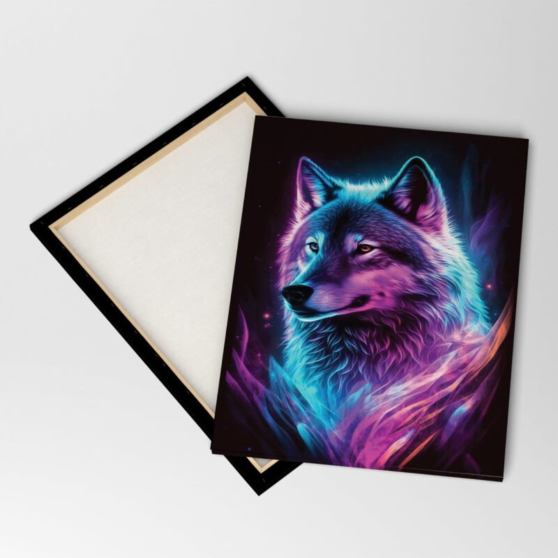 Purple Wolf with Blue eyes on a Black background Canvas Wall Art - Image 4