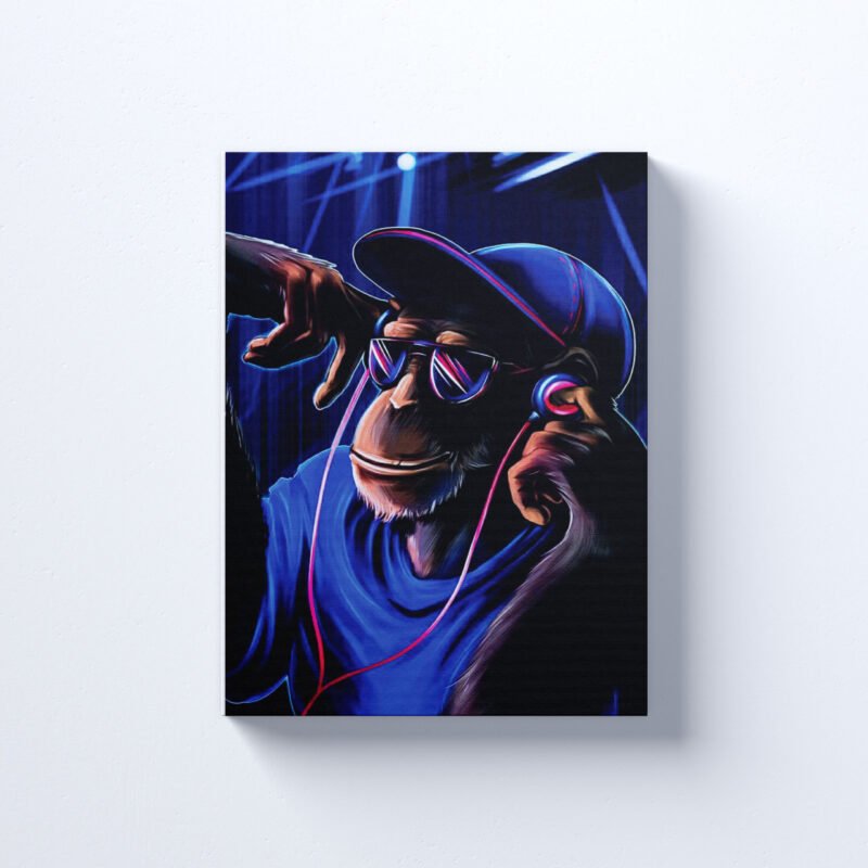 A Monkey Wearing Headphones And Listening To Music Canvas Wall Art - Image 2