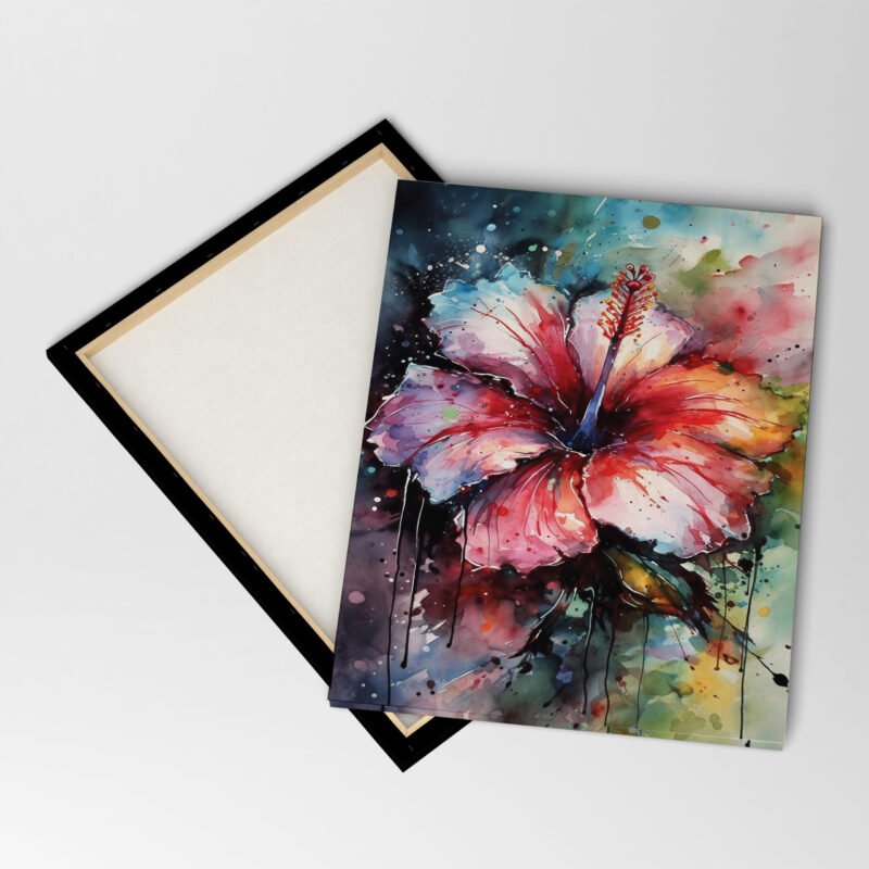 A Red Hibiscus Flower with Watercolor Paint  Canvas Wall Art - Image 4