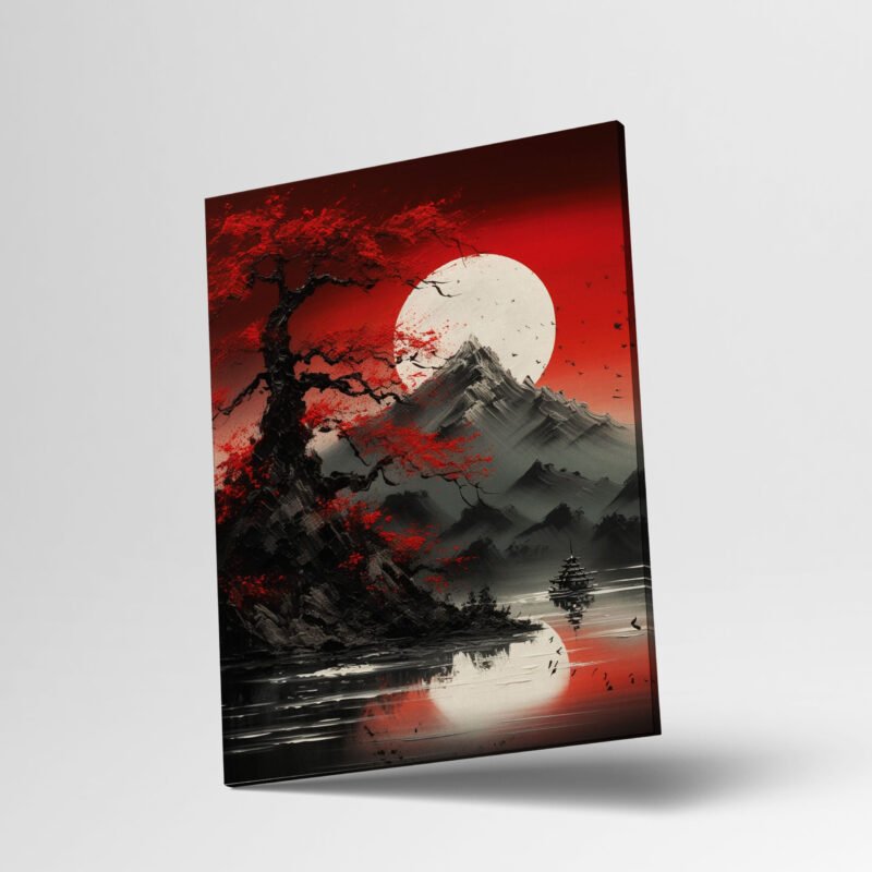 Red Tree and a Mountain with a Full Moon Canvas Wall Art