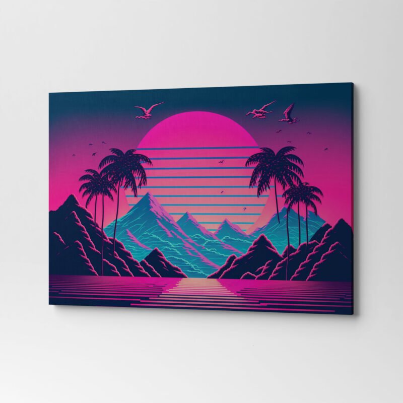 Sunset scene with Mountains and Palm Trees Canvas Wall Art - Image 3