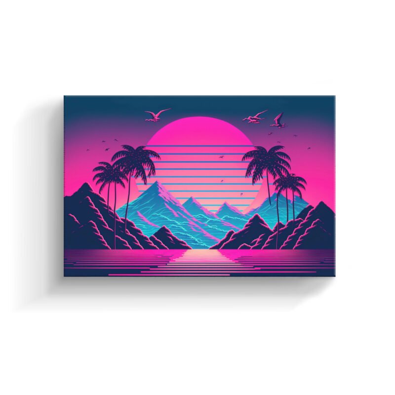 Sunset scene with Mountains and Palm Trees Canvas Wall Art - Image 2