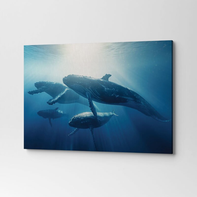 A Family of Whales in the Depths of the Ocean in the Rays of the Sun Canvas Wall Art - Image 3