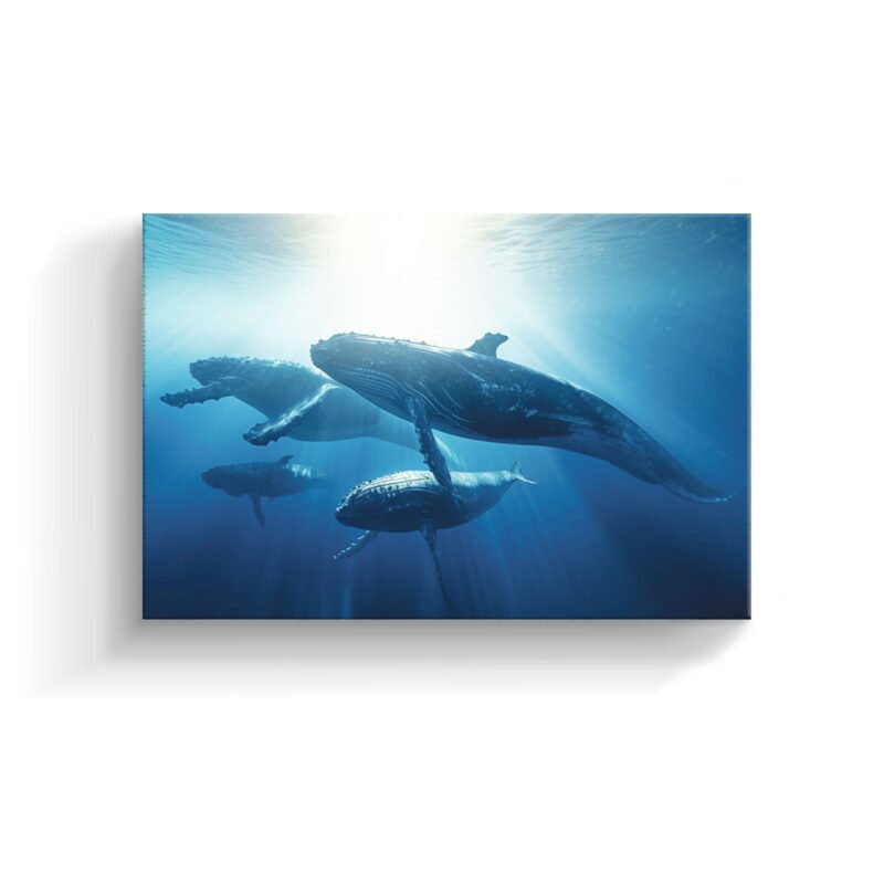 A Family of Whales in the Depths of the Ocean in the Rays of the Sun Canvas Wall Art - Image 2