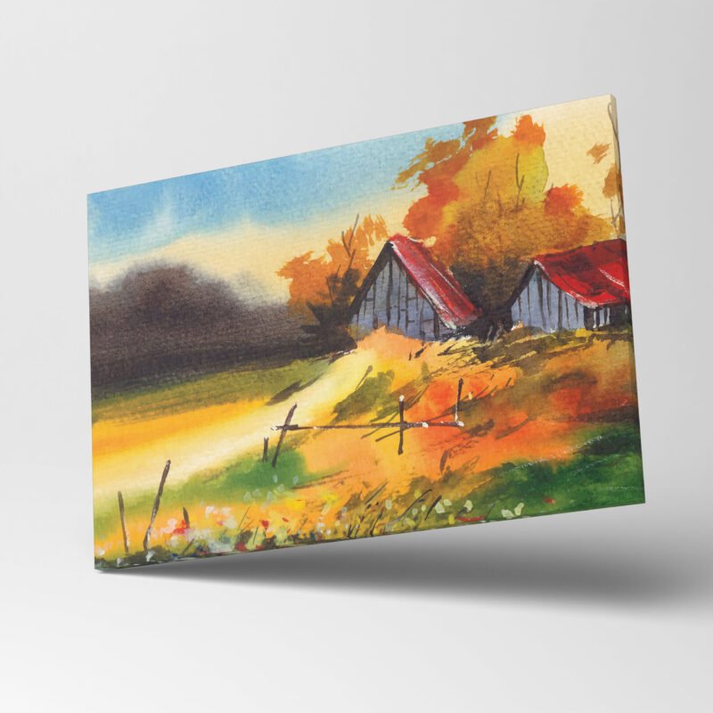 Evening light with Village Nature Watercolor Canvas Wall Art