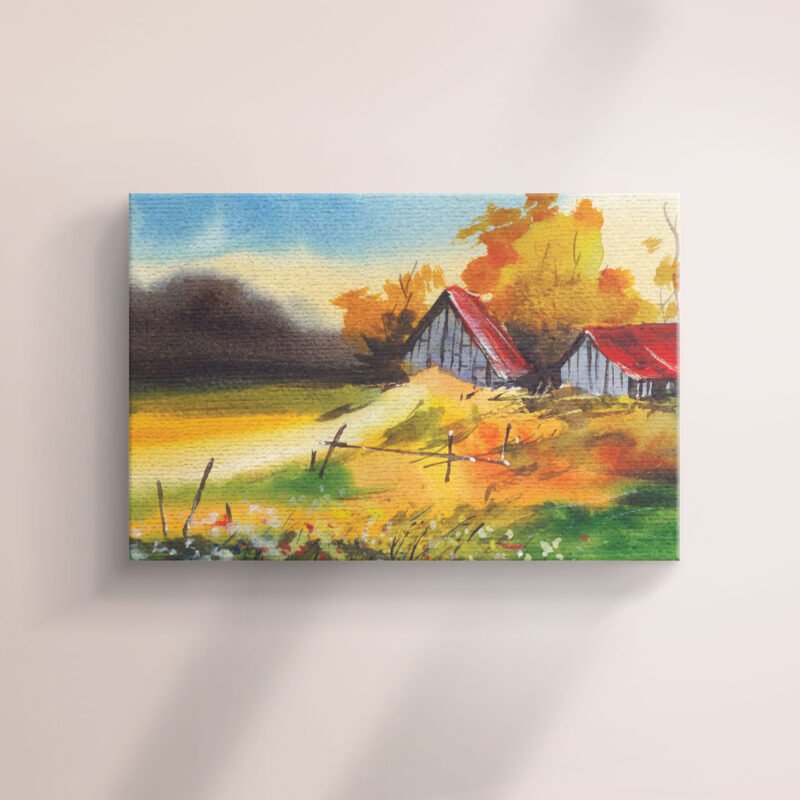 Evening light with Village Nature Watercolor Canvas Wall Art - Image 2