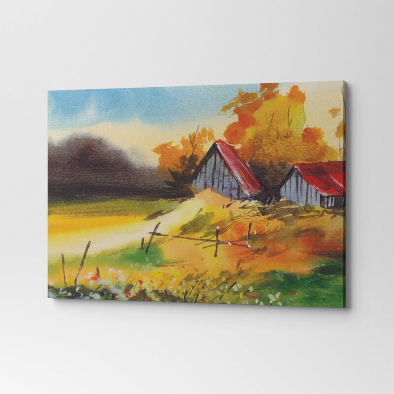 Evening light with Village Nature Watercolor Canvas Wall Art - Image 3