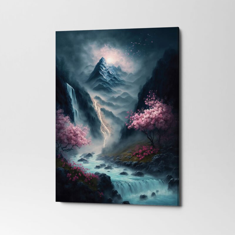 Painting of a Waterfall with a Mountain Canvas Wall Art - Image 3