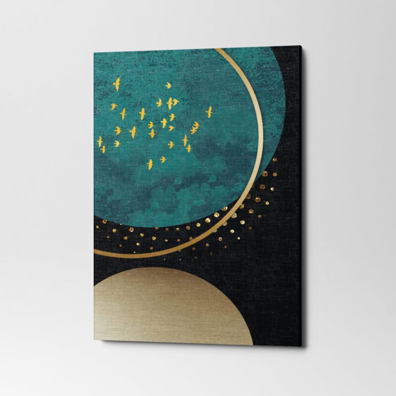 3d Golden Dots and Birds shapes with marble Deer 3 Panel Canvas Wall Art - Image 2
