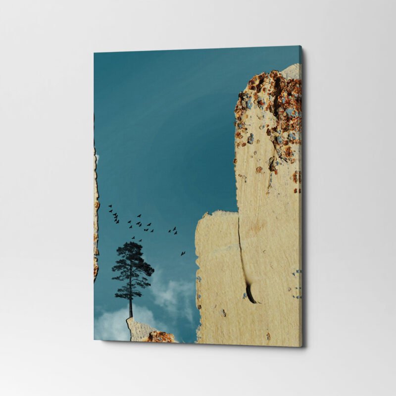 Abstract Nature Mountain with Sun, Tree and Birds 3 Panel Canvas Wall Art - Image 4