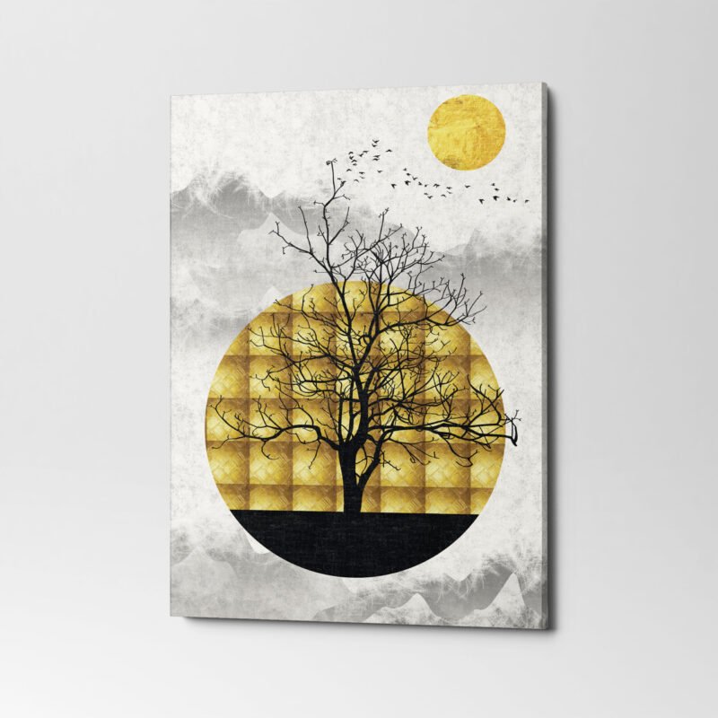 Modern art with 3d marble golden circles, sun & mountains 3 Panel Canvas Wall Art - Image 3