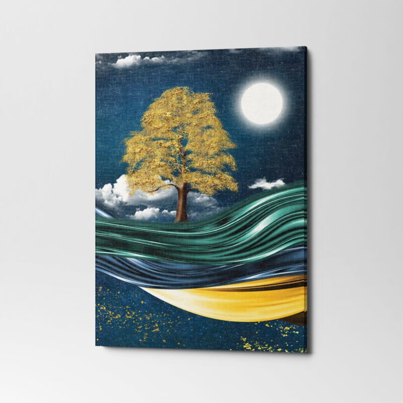Mural wallpaper with Golden tree, mountain, waves & birds 3 Panel Canvas Wall Art - Image 3