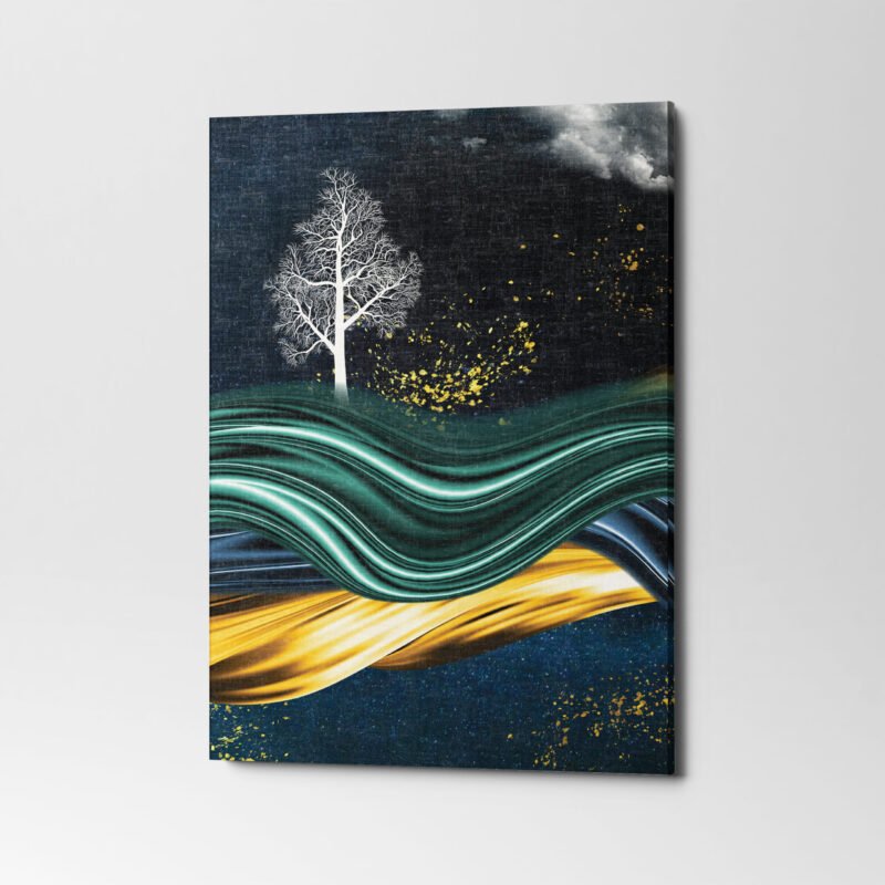 Mural wallpaper with Golden tree, mountain, waves & birds 3 Panel Canvas Wall Art - Image 4