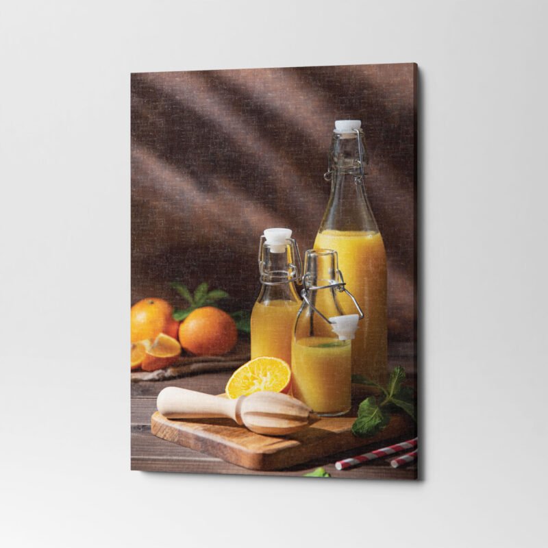 Orange juice in three bottles with citrus fruits on cutting board Canvas Wall Art - Image 3