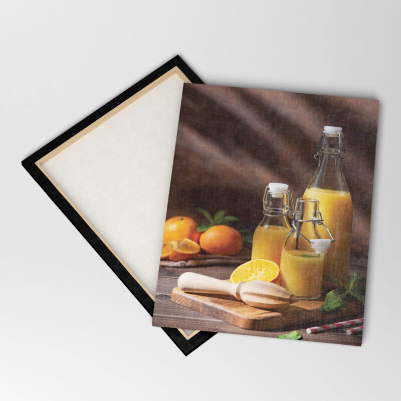 Orange juice in three bottles with citrus fruits on cutting board Canvas Wall Art - Image 4