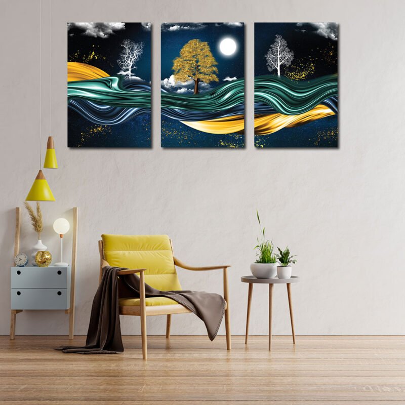 Mural wallpaper with Golden tree, mountain, waves & birds 3 Panel Canvas Wall Art