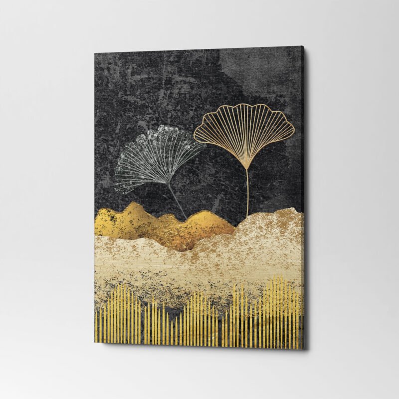 Golden mountains shapes lines feathers 3 Panel Canvas Wall Art - Image 4