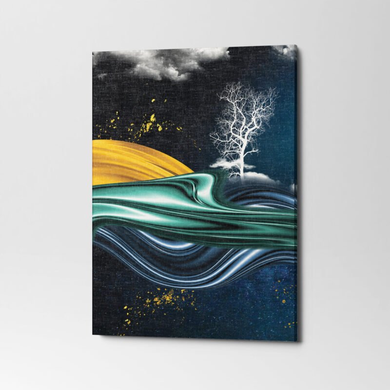 Mural wallpaper with Golden tree, mountain, waves & birds 3 Panel Canvas Wall Art - Image 2