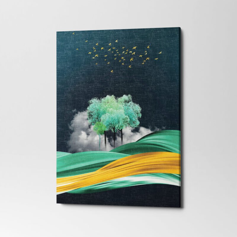 Golden tree mountain waves with golden birds & moon 3 Panel Canvas Wall Art - Image 4