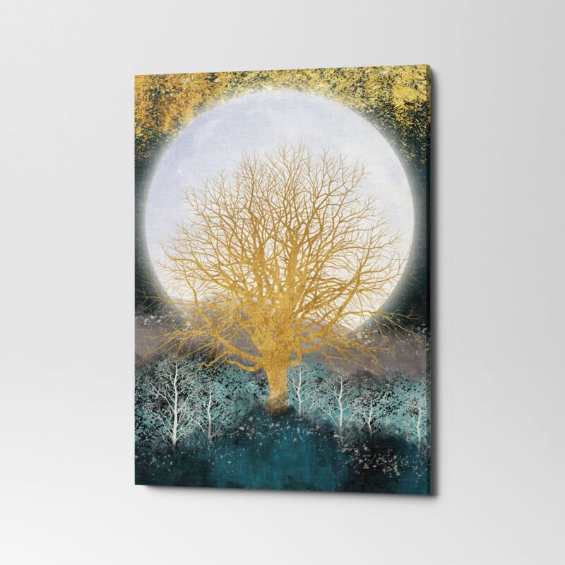Christmas trees mountains and white moon in dark 3 Panel Canvas Wall Art - Image 3